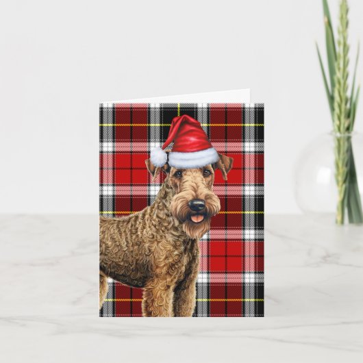 Airedale Terrierクリスマスドッグレッドプレイドクリスマス シーズンカード (正面)