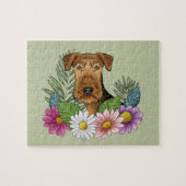 Airedale Terrier犬の頭の花カラフル緑 ジグソーパズル (横)