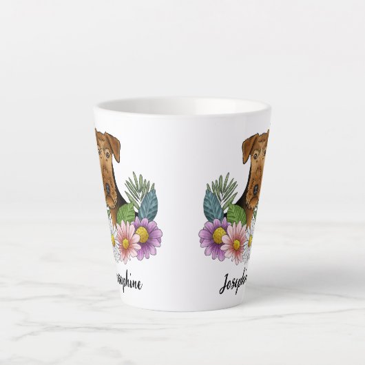 Airedale Terrier犬カラフルの花と名前 カフェラテマグ (正面)