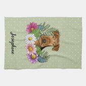 Airedale Terrier花カラフルと名前Green キッチンタオル (横)
