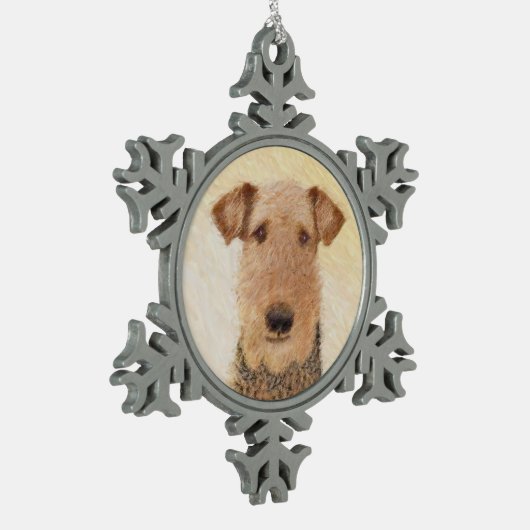 Airedale Terrier 絵画's – かわいいオリジナルアート スノーフレークピューターオーナメント (左)