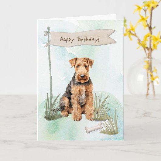 Airedale Terrier Breed Dog Under Birthday Sign カード (黄色い花)