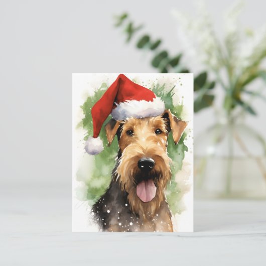 Airedale Terrier Christmasブラシ絵を描のアートワーク ポストカード (スタンド正面)
