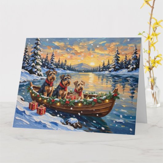 Airedale Terrier Christmas Boat Holiday カード (黄色い花)