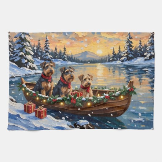 Airedale Terrier Christmas Boat Holiday キッチンタオル (横)