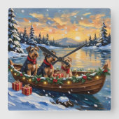 Airedale Terrier Christmas Boat Holiday スクエア壁時計 (正面)