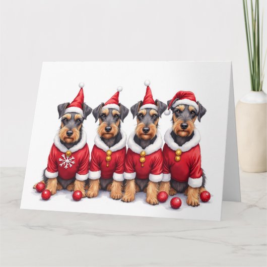 Airedale Terrier Christmas Dress Santa Hat カード (正面)