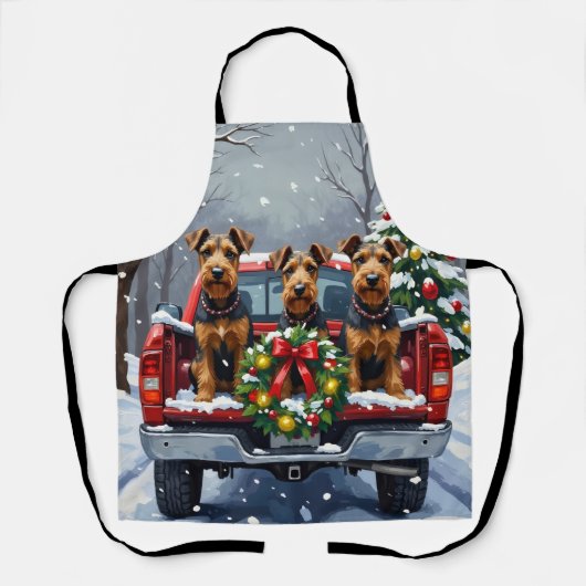 Airedale Terrier Christmas Red Truck Holiday エプロン (正面)