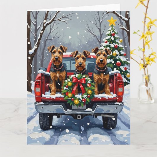Airedale Terrier Christmas Red Truck Holiday カード (黄色い花)