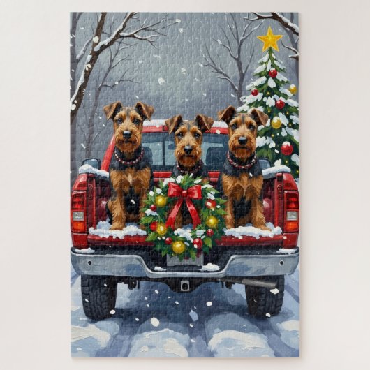 Airedale Terrier Christmas Red Truck Holiday ジグソーパズル (縦)