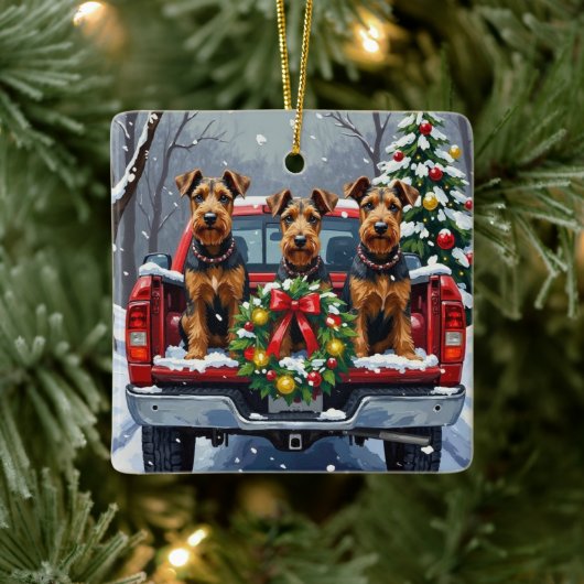 Airedale Terrier Christmas Red Truck Holiday セラミックオーナメント (ツリー)