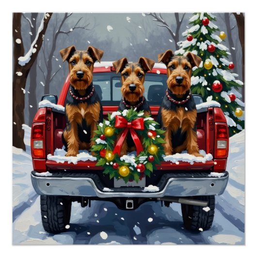 Airedale Terrier Christmas Red Truck Holiday ポスター (正面)