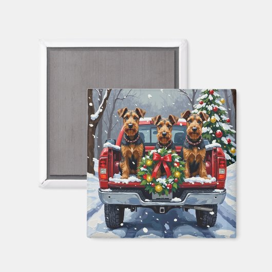 Airedale Terrier Christmas Red Truck Holiday マグネット (正面/裏面)