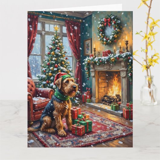 Airedale Terrier Christmas Victorian Living Room カード (黄色い花)