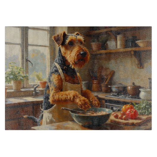 Airedale Terrier Cooking in Kitchen カッティングボード (正面)