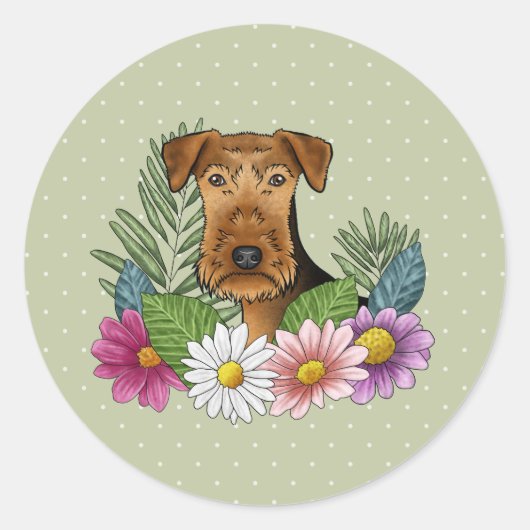 Airedale Terrier Dogカラフル Wildflowers Green ラウンドシール (正面)