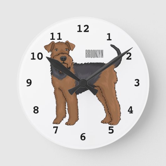 Airedale terrier dog cartoon illustration ラウンド壁時計 (正面)