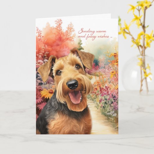Airedale Terrier Dog Garden Path Get Well カード (黄色い花)