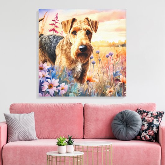 Airedale Terrier Dog in a Wildflower Meadow キャンバスプリント (インサイチュ (リビング))