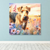 Airedale Terrier Dog in a Wildflower Meadow キャンバスプリント (インサイチュ (ウッドフロア))