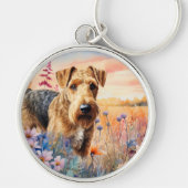 Airedale Terrier Dog in a Wildflower Meadow キーホルダー (正面)
