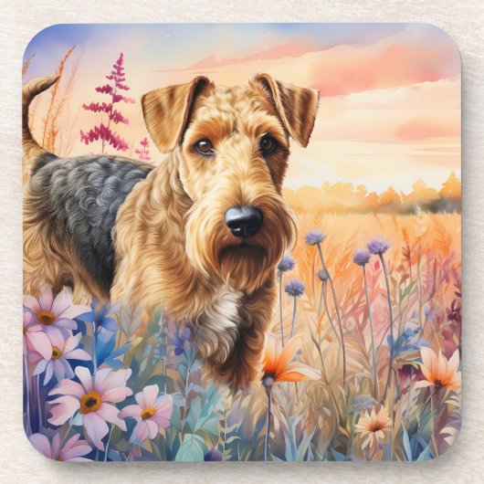 Airedale Terrier Dog in a Wildflower Meadow コースター (正面)
