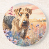 Airedale Terrier Dog in a Wildflower Meadow コースター (正面)