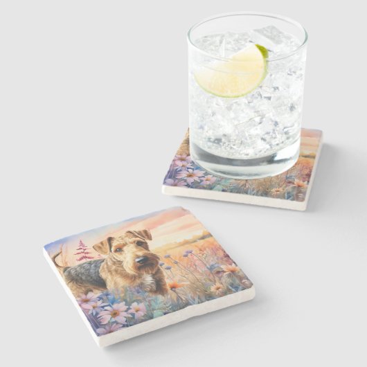 Airedale Terrier Dog in a Wildflower Meadow ストーンコースター (横)
