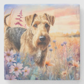 Airedale Terrier Dog in a Wildflower Meadow ストーンコースター (正面)