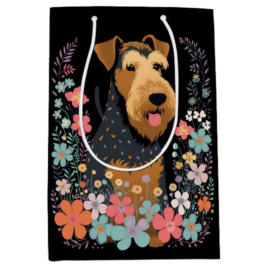 Airedale Terrier Dog in the Flower Gardenかわいい ミディアムペーパーバッグ (正面)