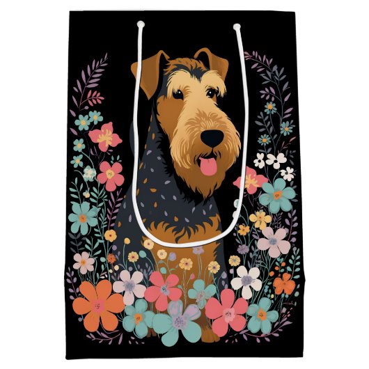 Airedale Terrier Dog in the Flower Gardenかわいい ミディアムペーパーバッグ (裏面)