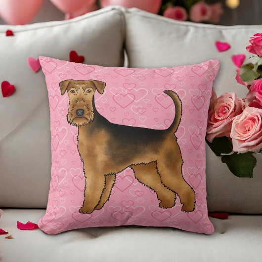 Airedale Terrier Dog Love With Pinkハートパターン クッション