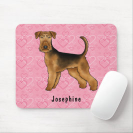 Airedale Terrier Dog Love With Pinkハートパターン マウスパッド