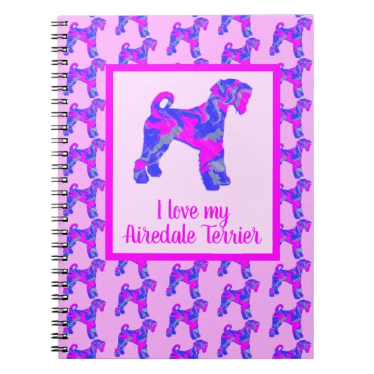 Airedale Terrier Dog Lover Pink & Blueシルエット ノートブック (正面)