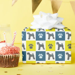 Airedale Terrier Dog & Pawシルエットイエローブルー ラッピングペーパー