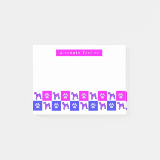 Airedale Terrier Dog & Pawホットピンク&ブルー ポストイット (正面)
