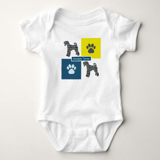 Airedale Terrier Dog & Paw Yellow & Blue Grid ベビーボディスーツ (正面)