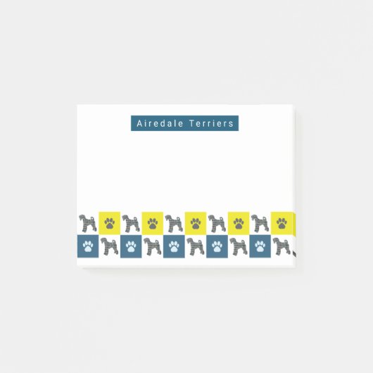 Airedale Terrier Dog & Paw Yellow & Blue Grid ポストイット (正面)