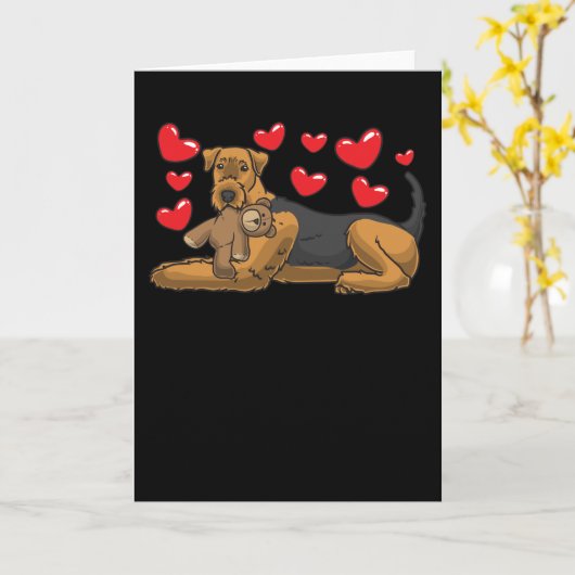 Airedale Terrier Dog With Stuffed Animal カード (黄色い花)