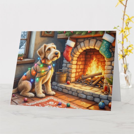 Airedale Terrier Fireplace Christmas Lights カード (黄色い花)