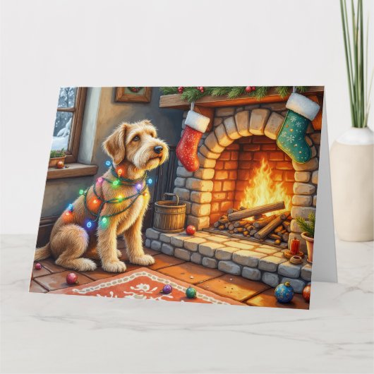 Airedale Terrier Fireplace Christmas Lights カード (正面)