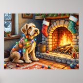 Airedale Terrier Fireplace Christmas Lights ポスター (正面)