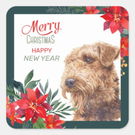 Airedale Terrier Poinsettiaクリスマ縁どス スクエアシール