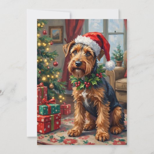 Airedale Terrier Santa Hat Christmas Fun Art シーズンカード (正面)