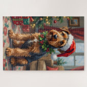Airedale Terrier Santa Hat Christmas Fun Art ジグソーパズル (横)
