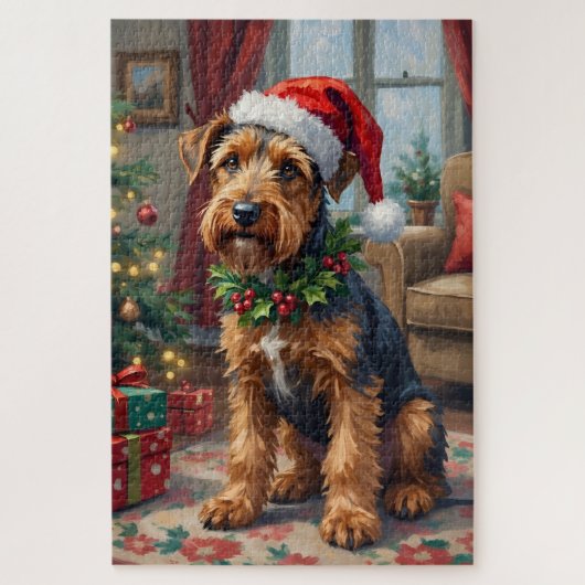 Airedale Terrier Santa Hat Christmas Fun Art ジグソーパズル (縦)