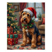 Airedale Terrier Santa Hat Christmas Fun Art ポスター (正面)