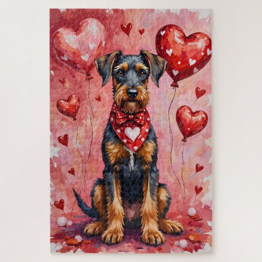 Airedale Terrier Valentine Dog Art with Hearts ジグソーパズル (縦)