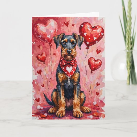 Airedale Terrier Valentine’s Day Dog with Hearts カード (正面)