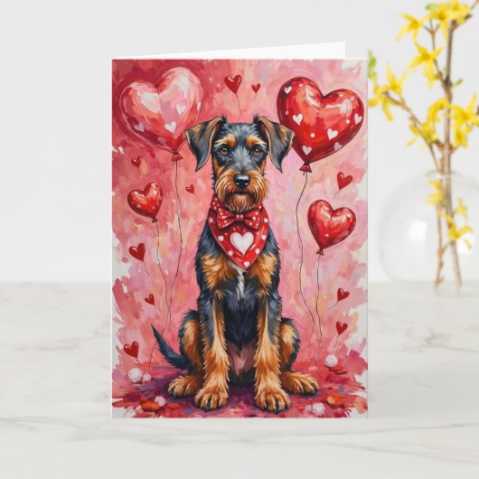 Airedale Terrier Valentine’s Day Dog with Hearts カード (黄色い花)